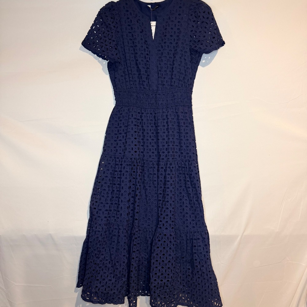 PrettyGarden Navy Blue Eyelet Midi Dress Smocked Waist Tiered V-Neck Small NWT